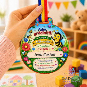 Medalie personalizată Adio grădinița Grupa Albinuțelor cu imprimare UV premium și panglică tricolor