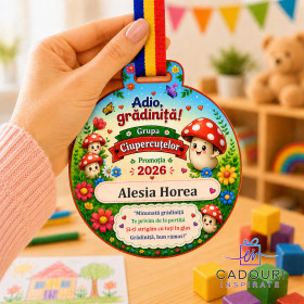 Medalie personalizata Adio gradinita Grupa Ciupercutelor promotia 2026 cu imprimeu UV colorat